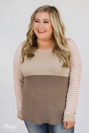 Color Block Striped Sleeve Top- Mocha