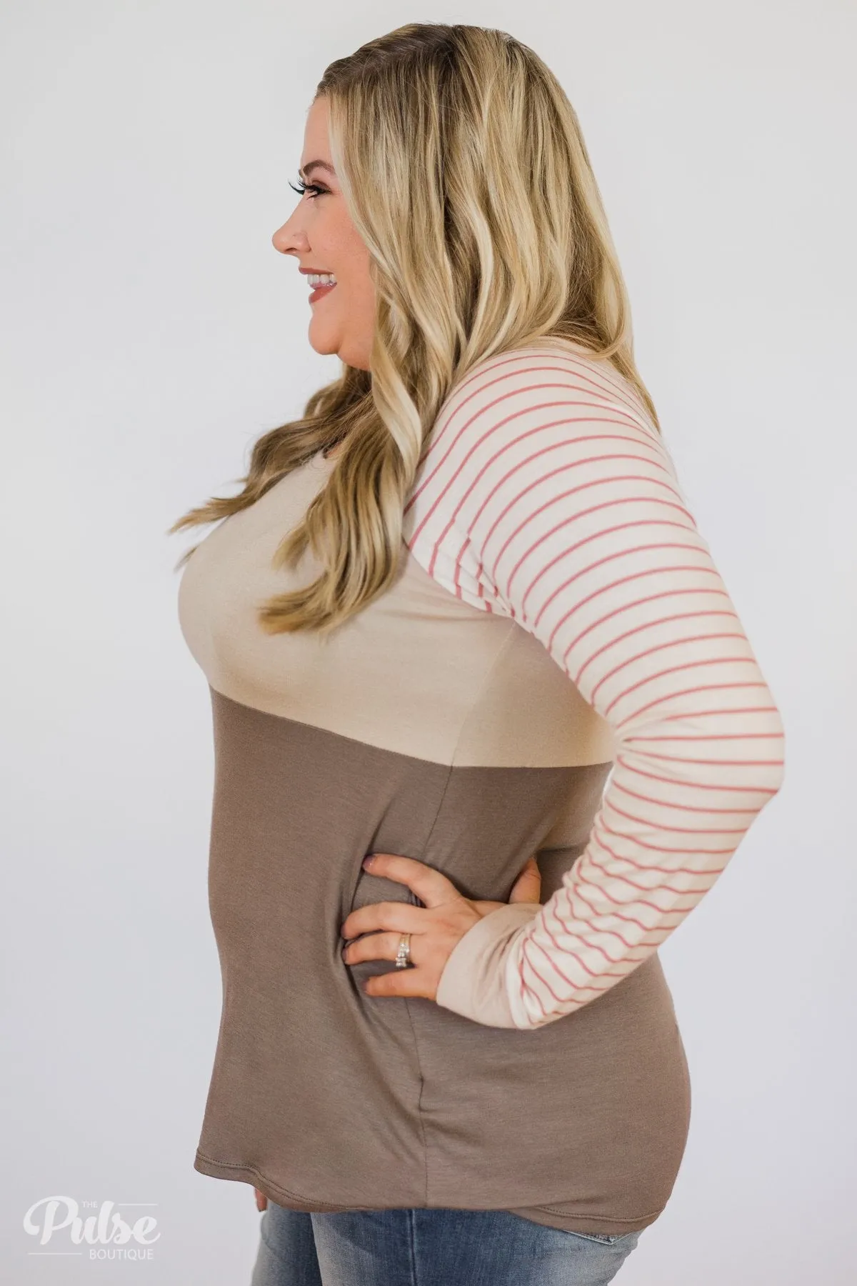 Color Block Striped Sleeve Top- Mocha