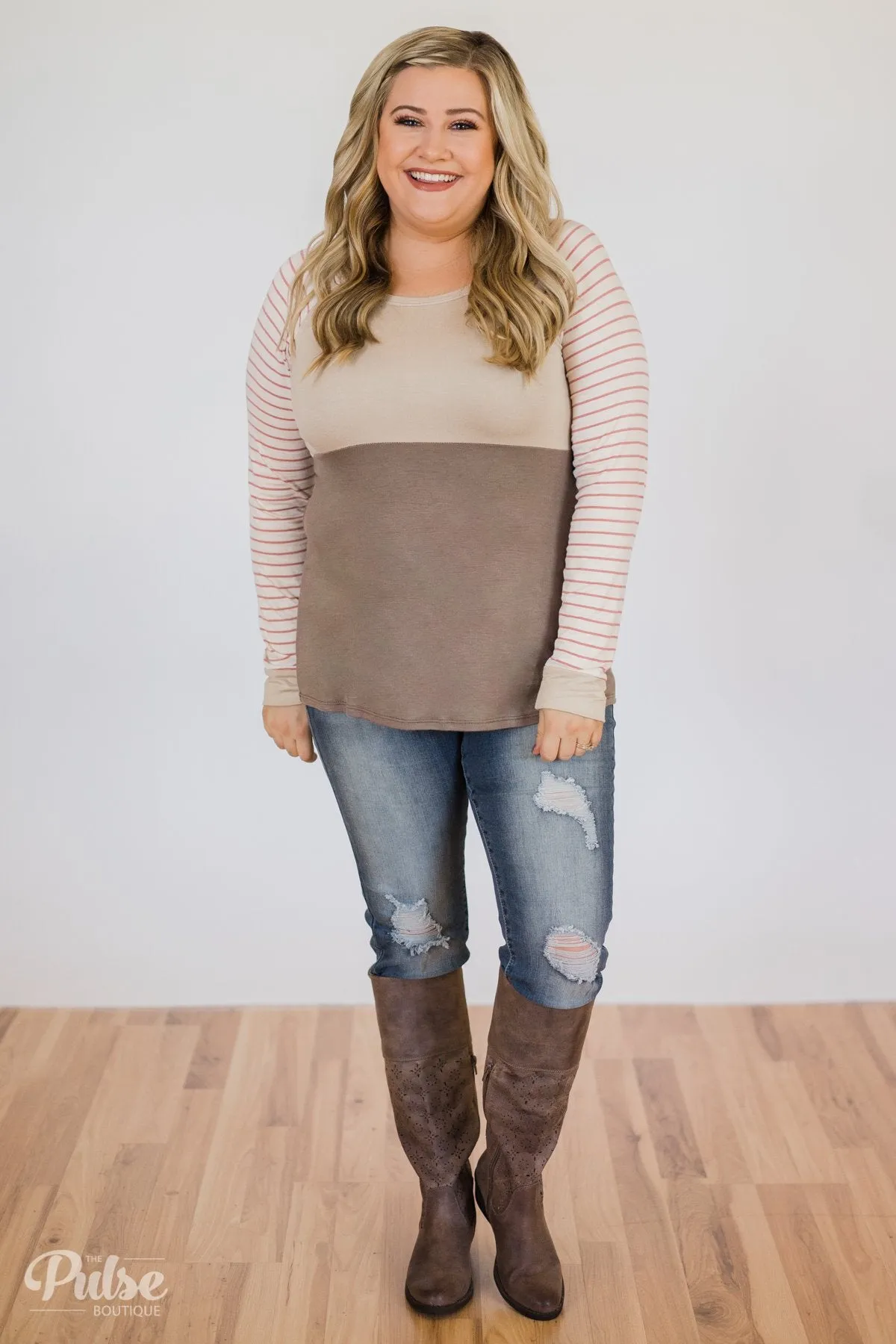 Color Block Striped Sleeve Top- Mocha