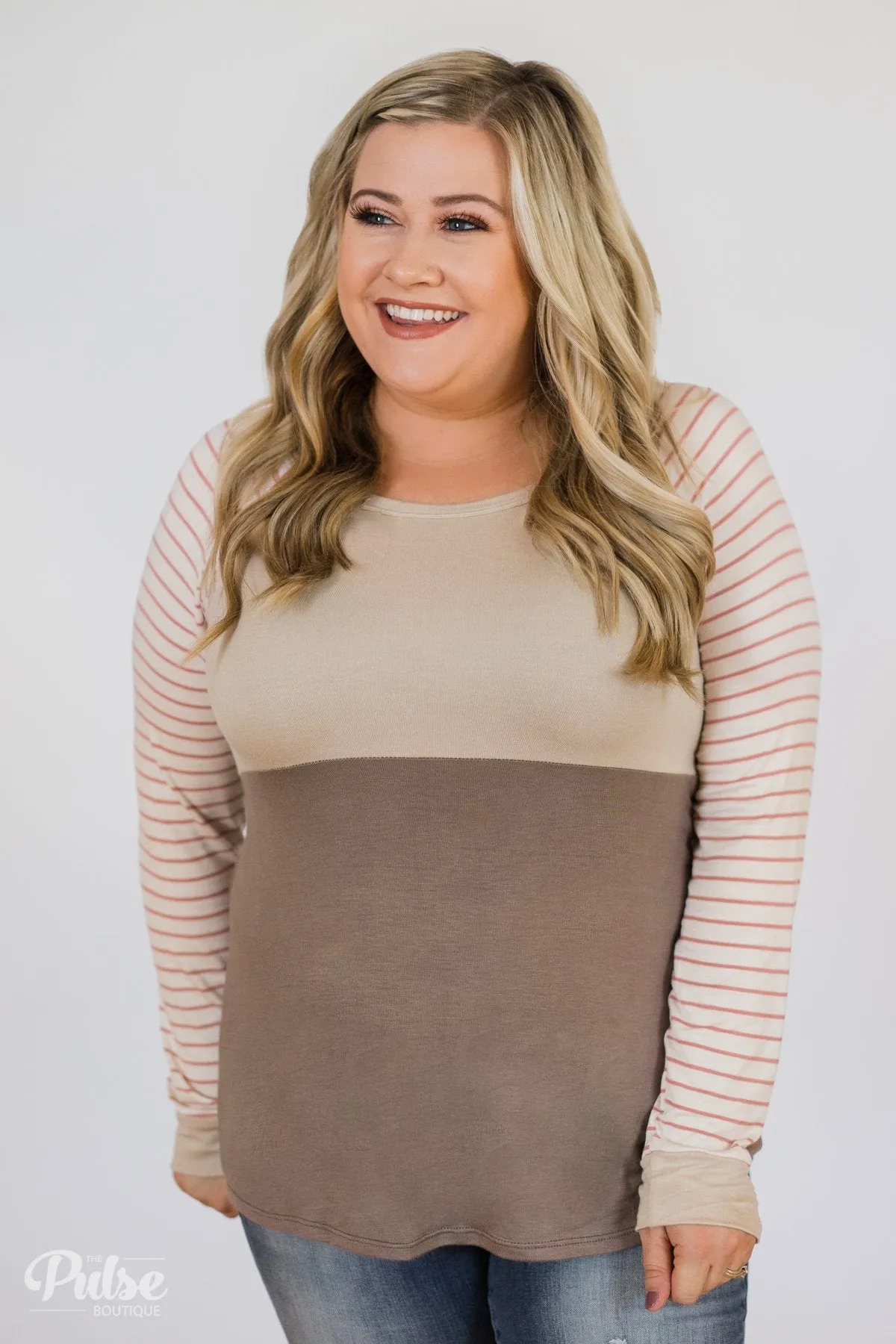 Color Block Striped Sleeve Top- Mocha