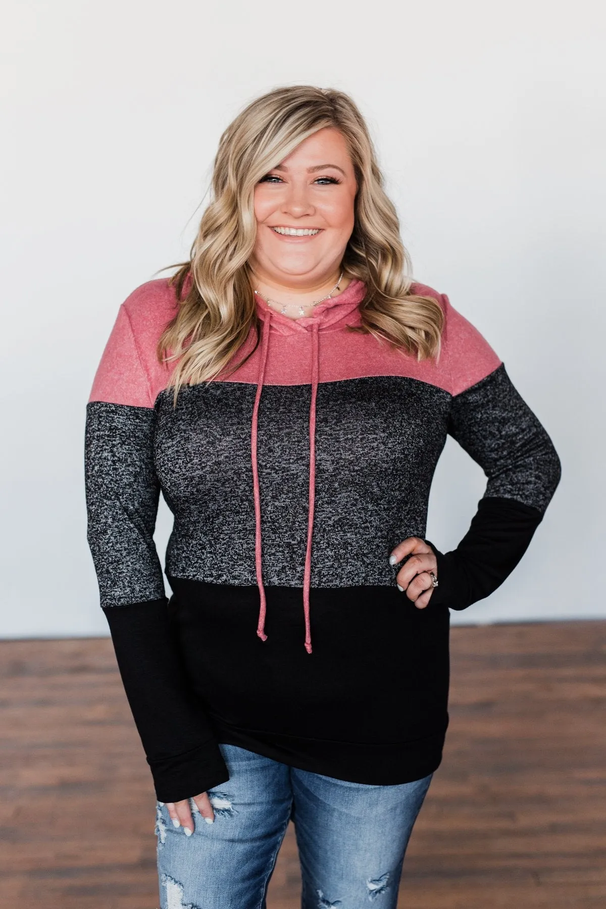 Come Together Color Block Hoodie - Mauve Pink & Black
