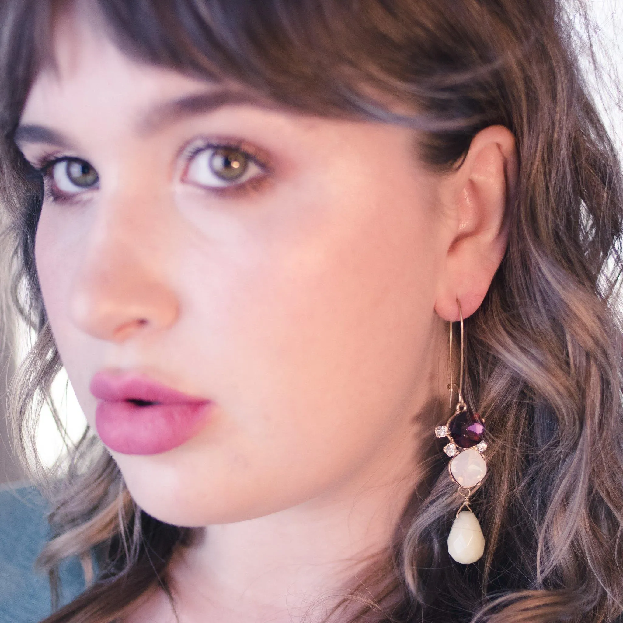 Elizabeth Drop Earrings with Jade, Opaline, and Rubelite Rhinestones