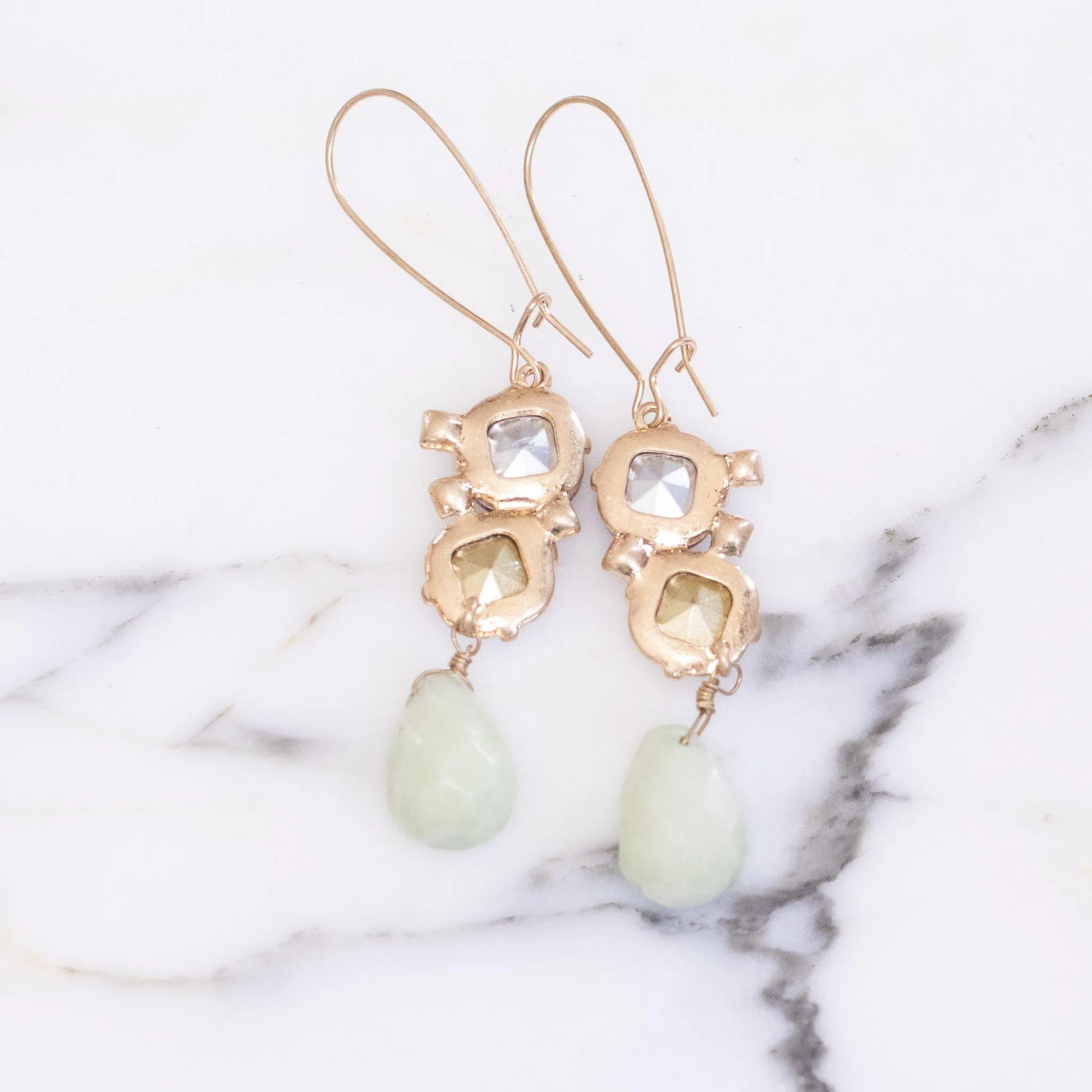 Elizabeth Drop Earrings with Jade, Opaline, and Rubelite Rhinestones