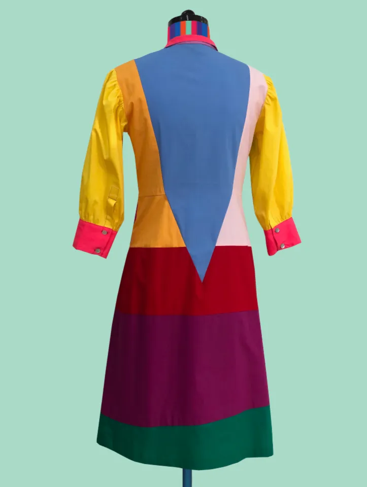 Geometric Color-Block Zip-Front Dress