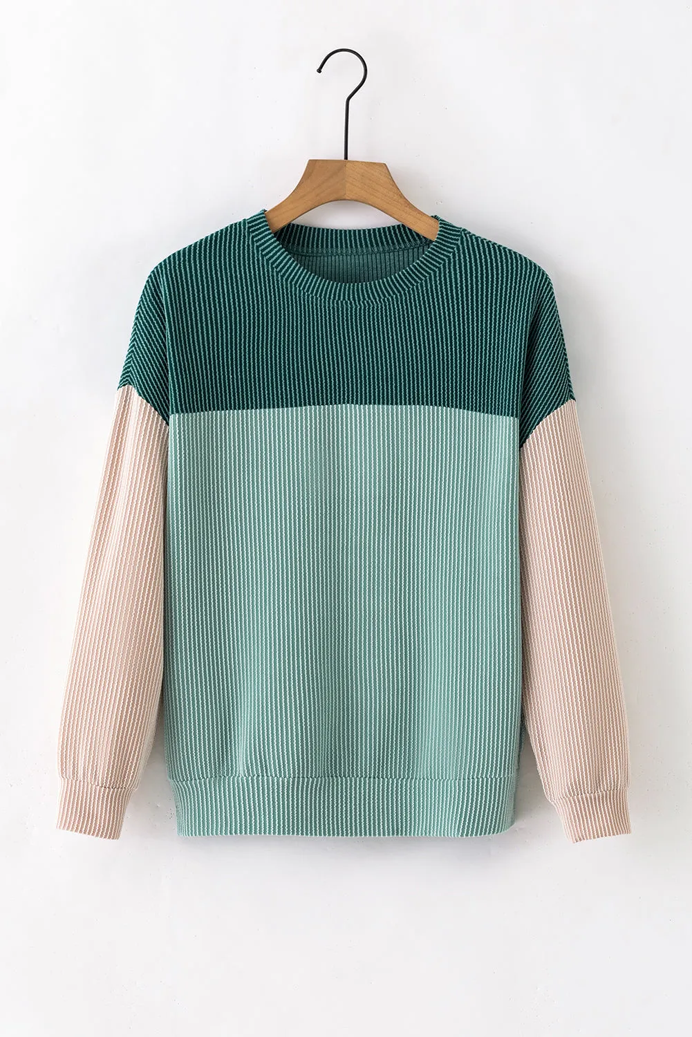 Khaki Color Block Long Sleeve Ribbed Loose Top