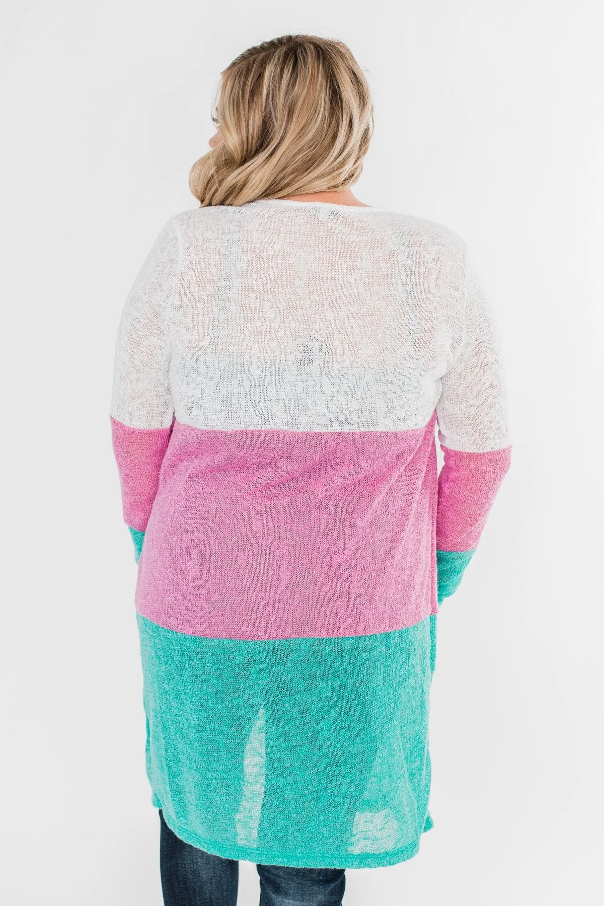 Long Knitted Color Block Cardigan- Teal & Orchid