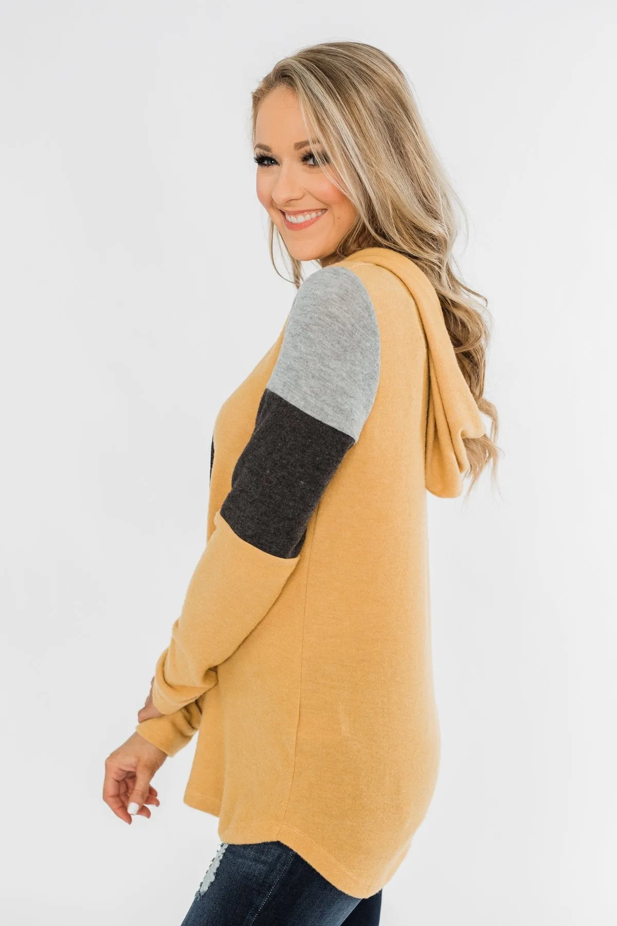 Makes Me Happy Color Block Hoodie- Mustard