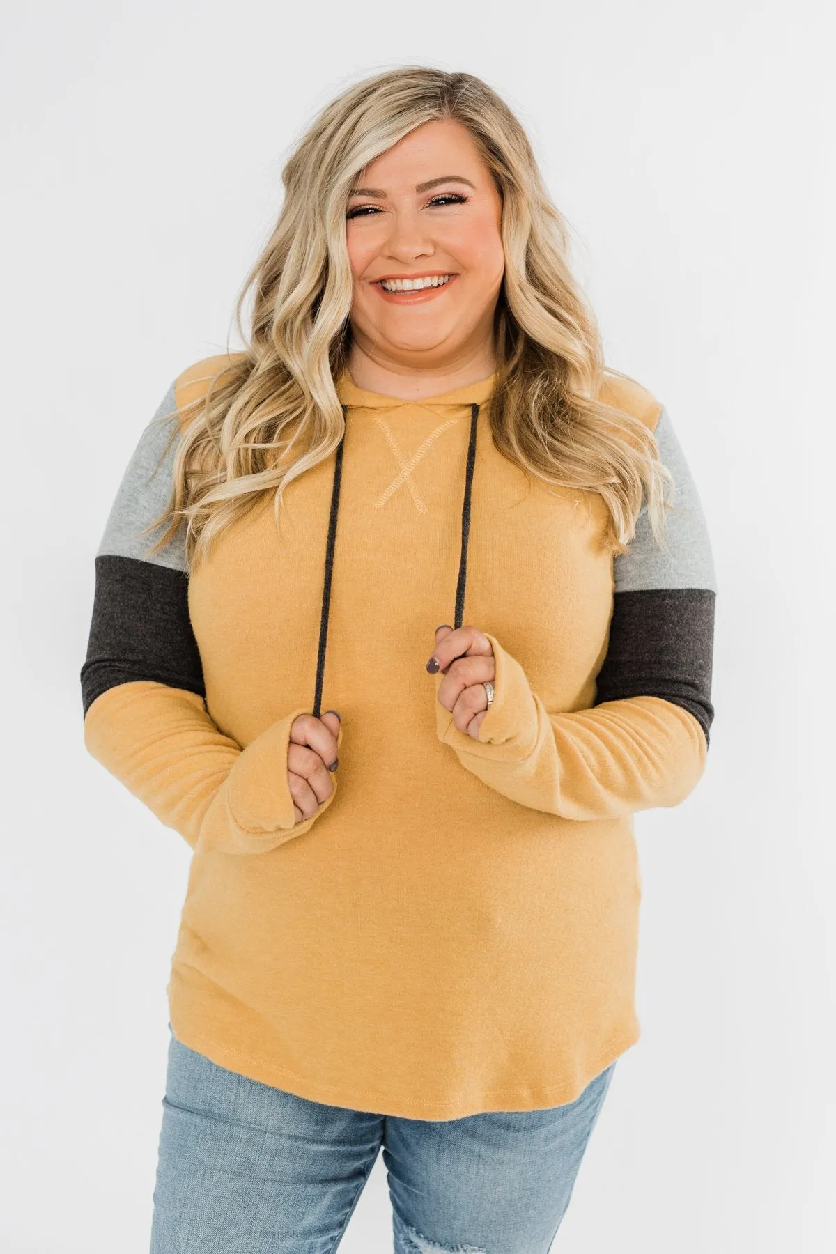 Makes Me Happy Color Block Hoodie- Mustard