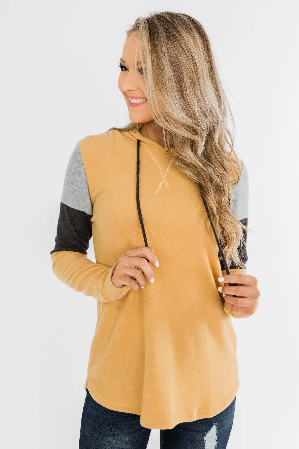 Makes Me Happy Color Block Hoodie- Mustard