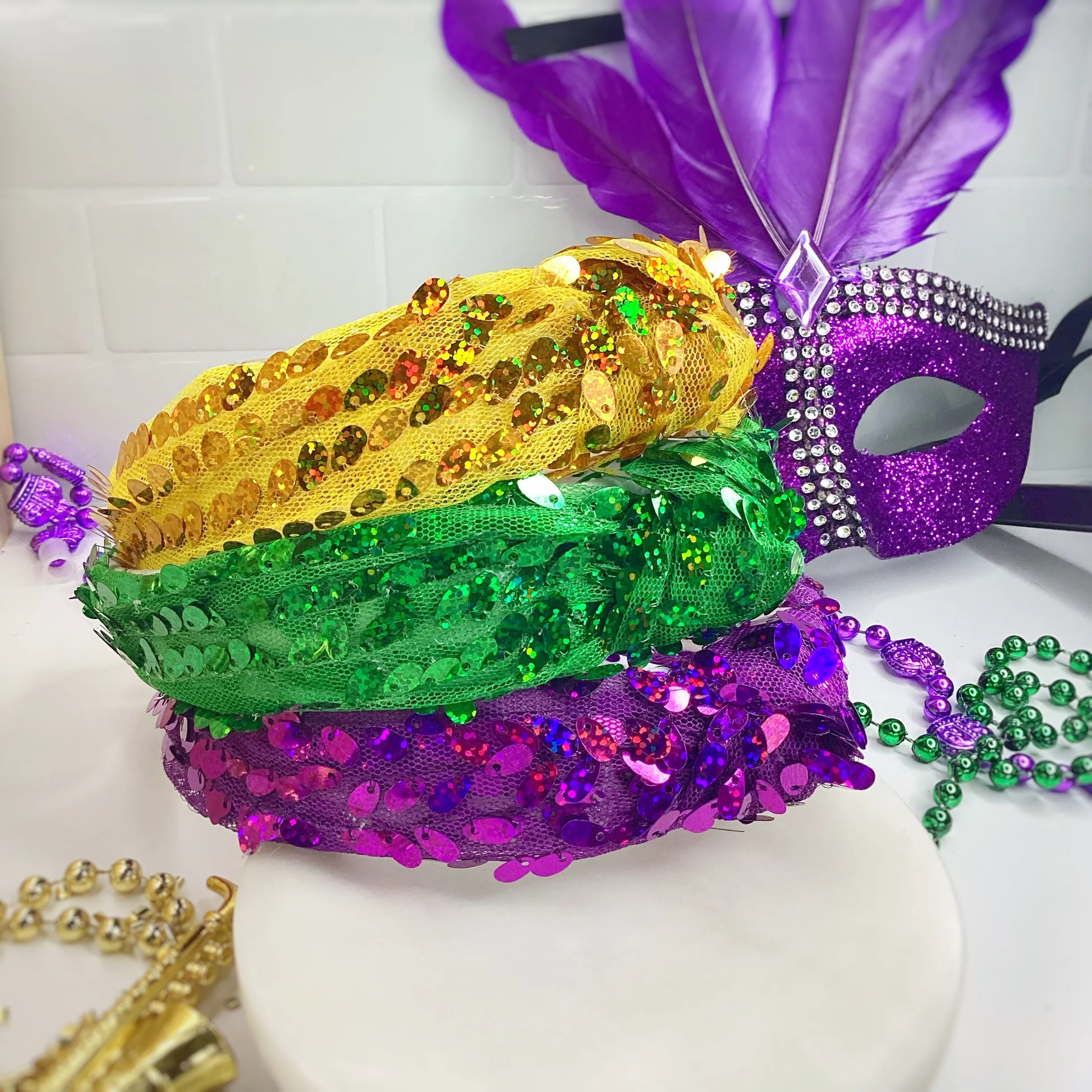 Mardi Gras and St. Pat’s Sequin Knot Top Headband and Bow Collection