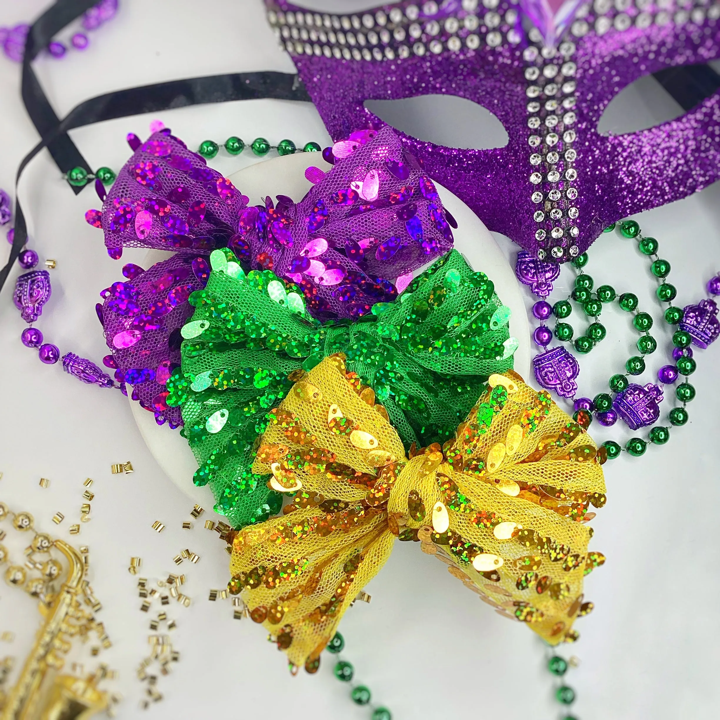 Mardi Gras and St. Pat’s Sequin Knot Top Headband and Bow Collection