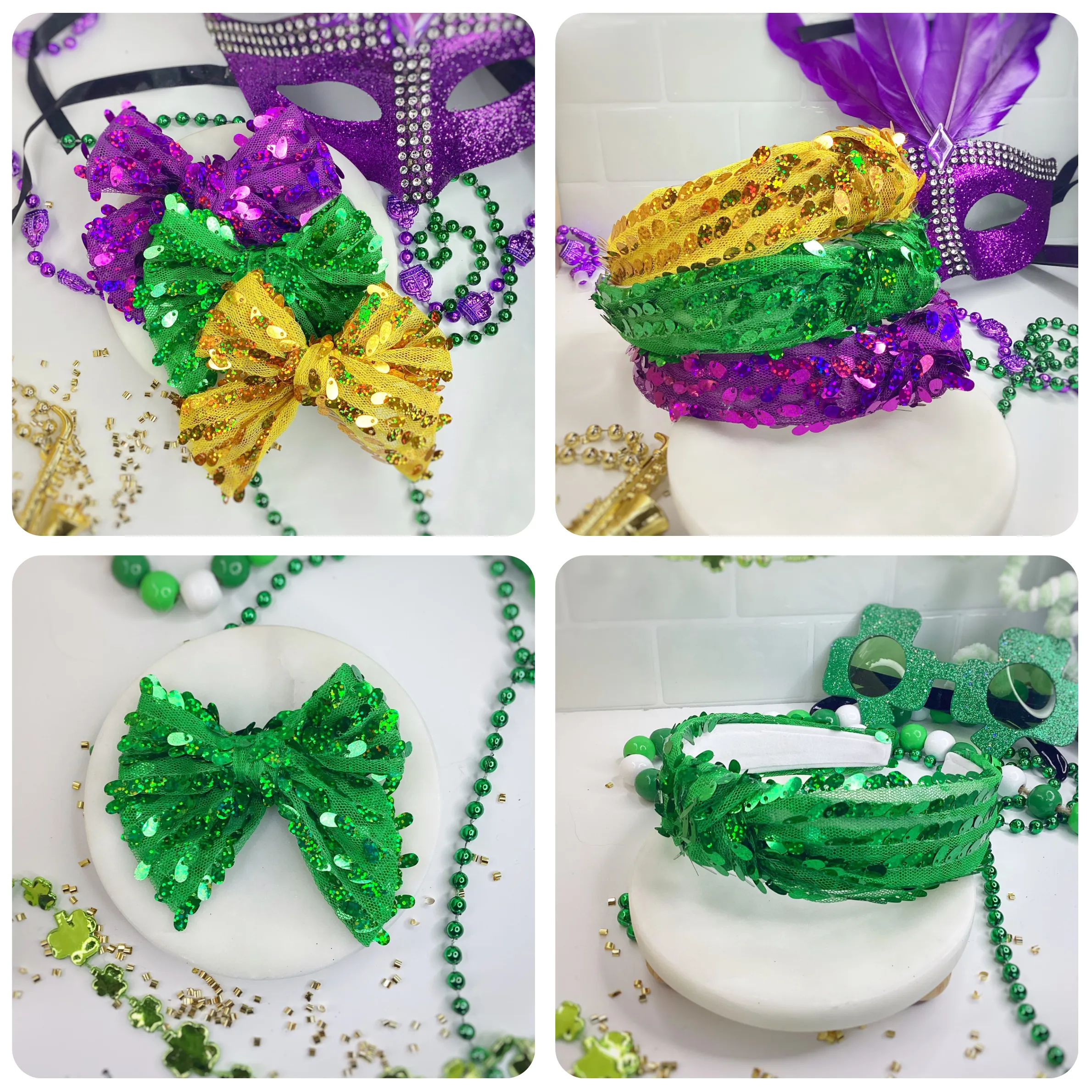 Mardi Gras and St. Pat’s Sequin Knot Top Headband and Bow Collection
