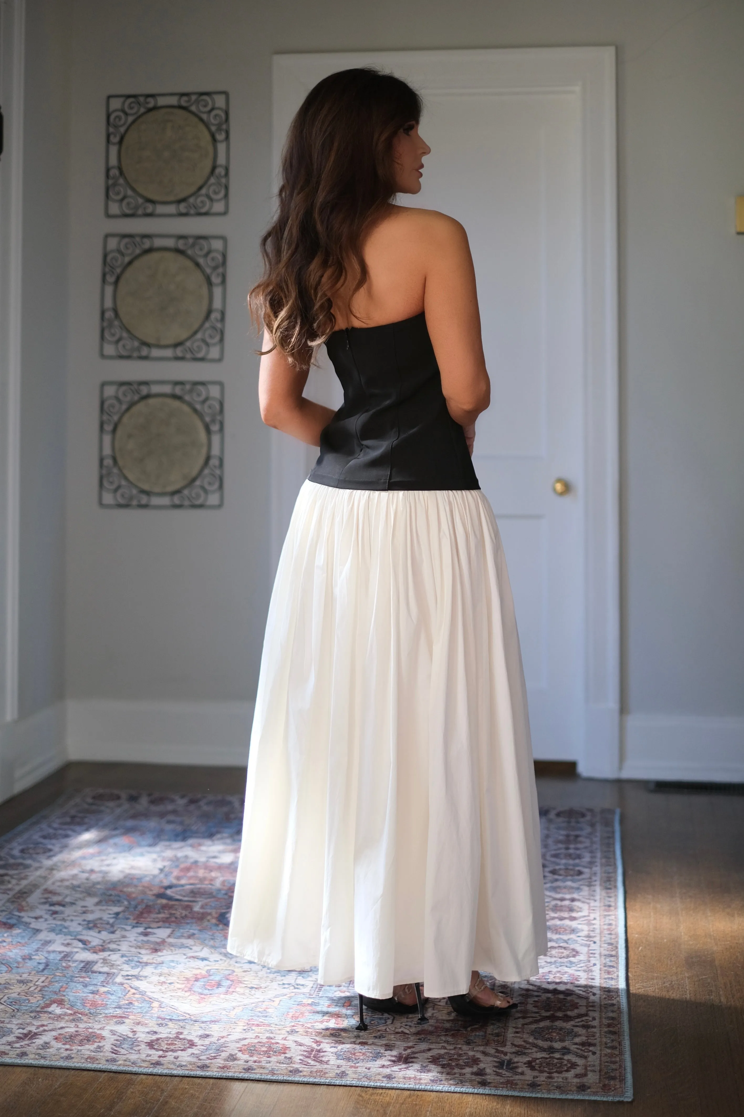 Mia Black and Off White Color Block Corset Strapless Maxi Dress