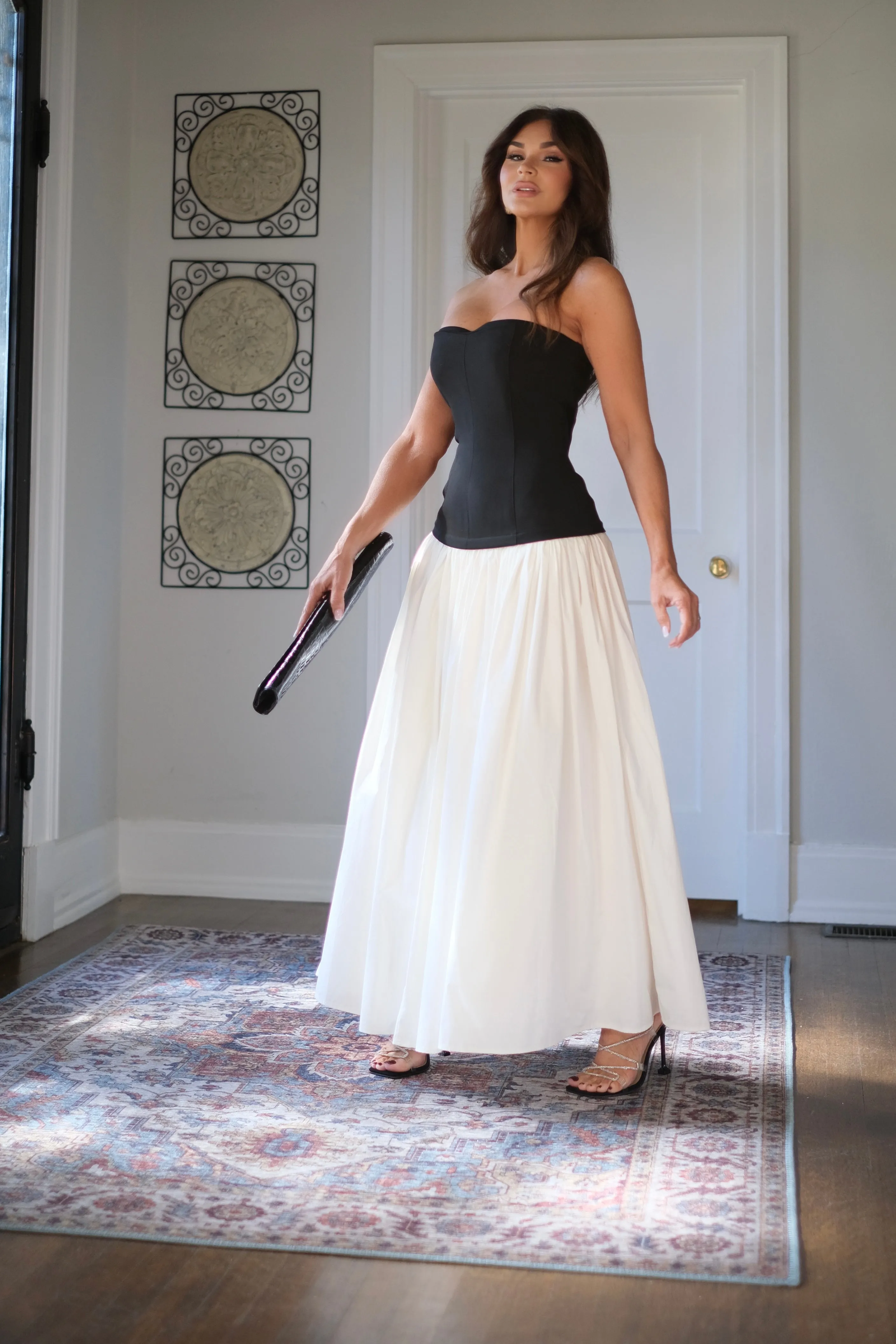 Mia Black and Off White Color Block Corset Strapless Maxi Dress