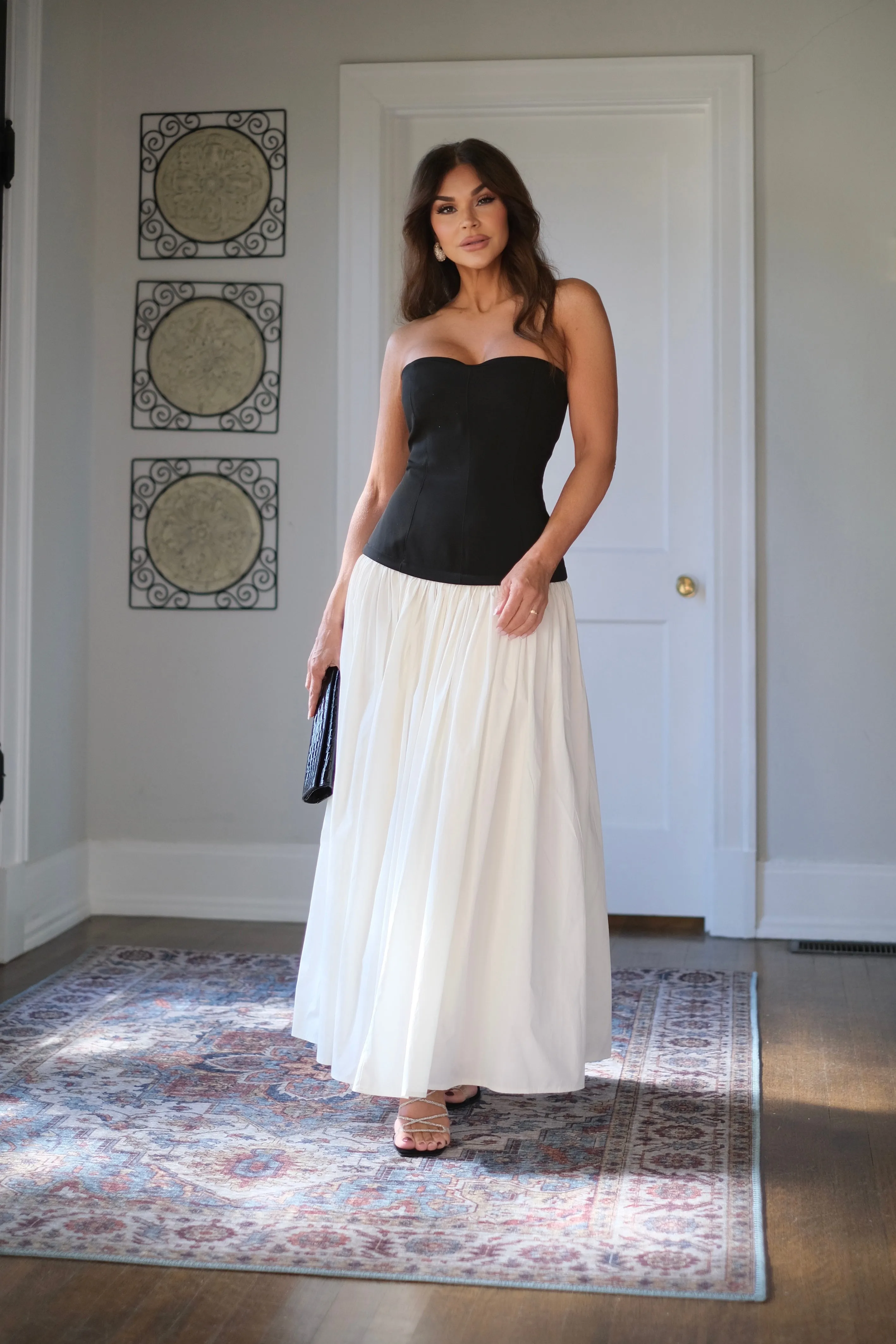 Mia Black and Off White Color Block Corset Strapless Maxi Dress