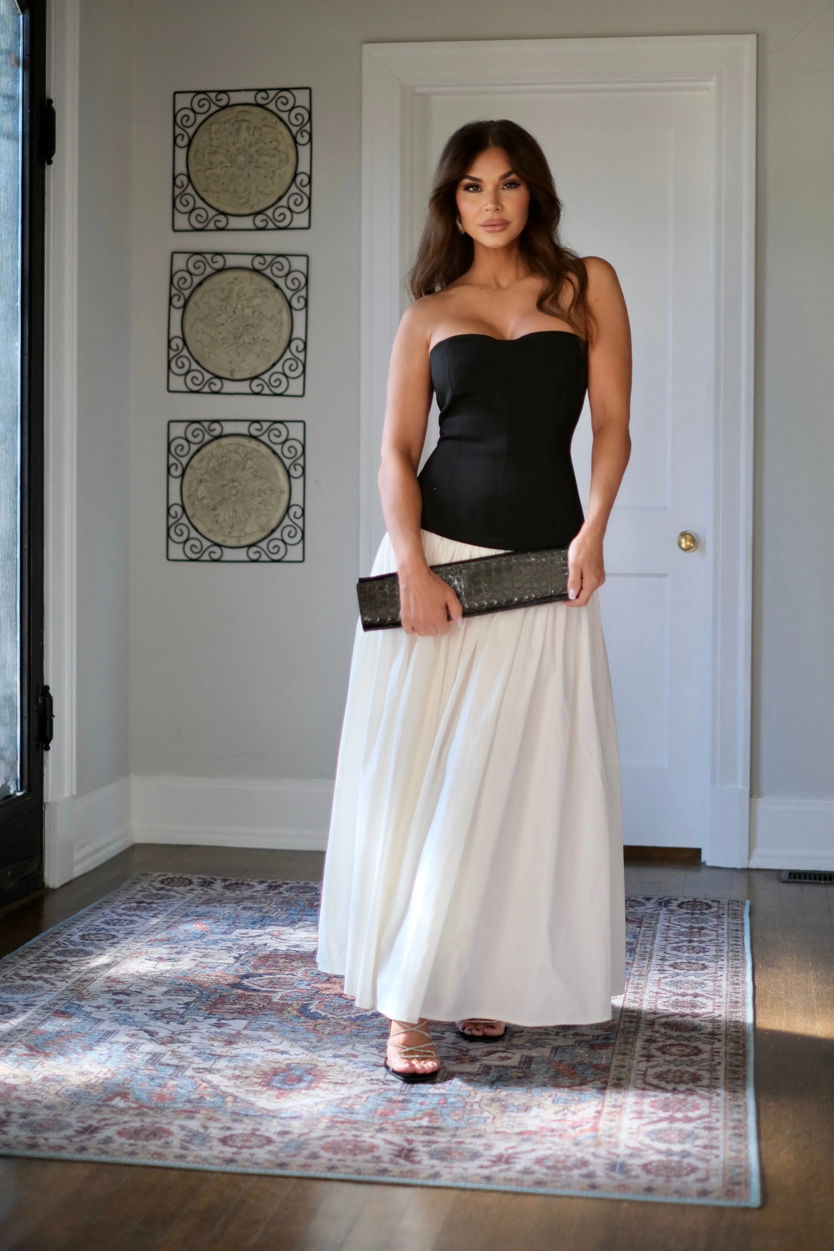 Mia Black and Off White Color Block Corset Strapless Maxi Dress
