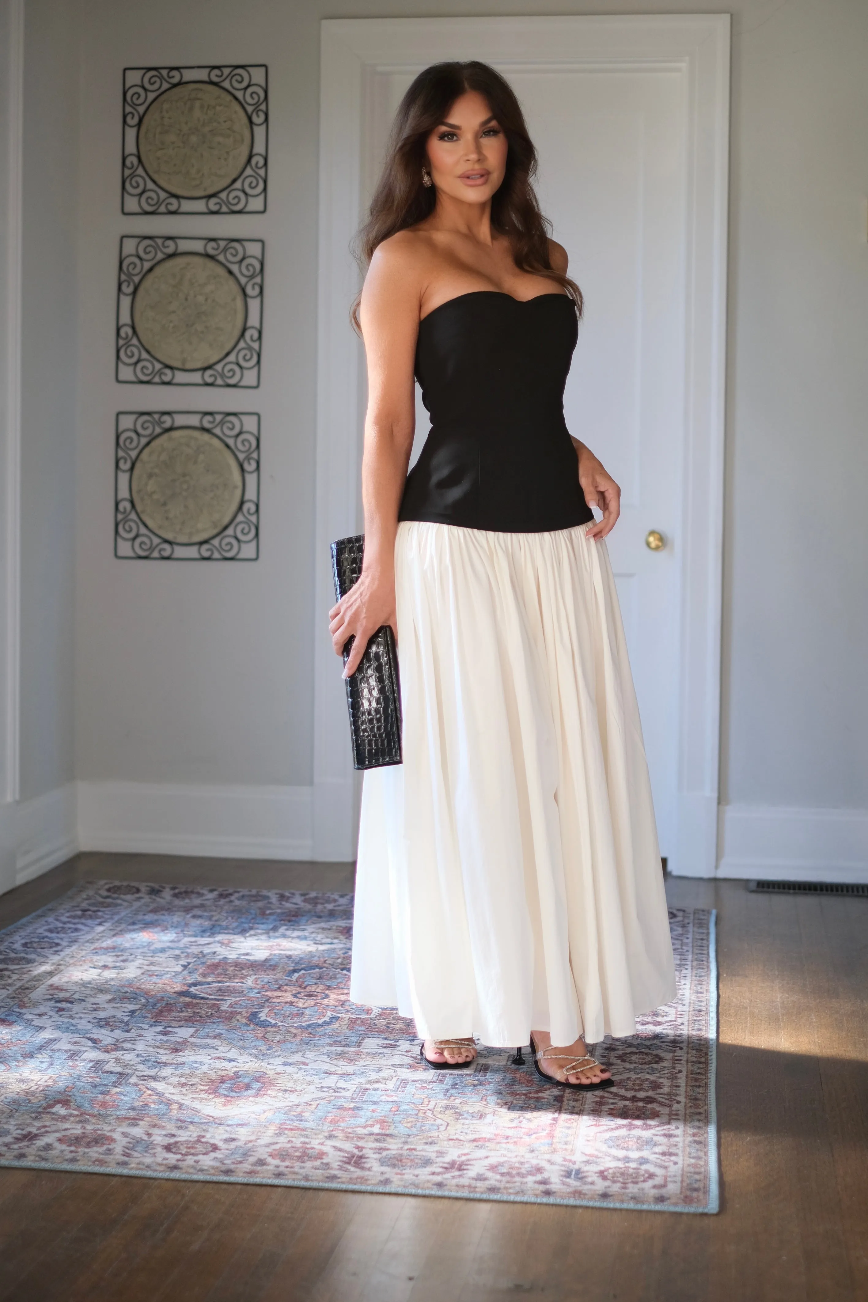 Mia Black and Off White Color Block Corset Strapless Maxi Dress