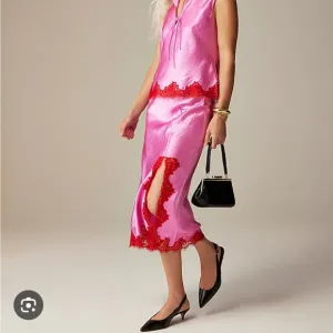 NWT J. Crew Gwyneth Pink Satin Skirt with Red Lace Trim, Elastic Waist, M