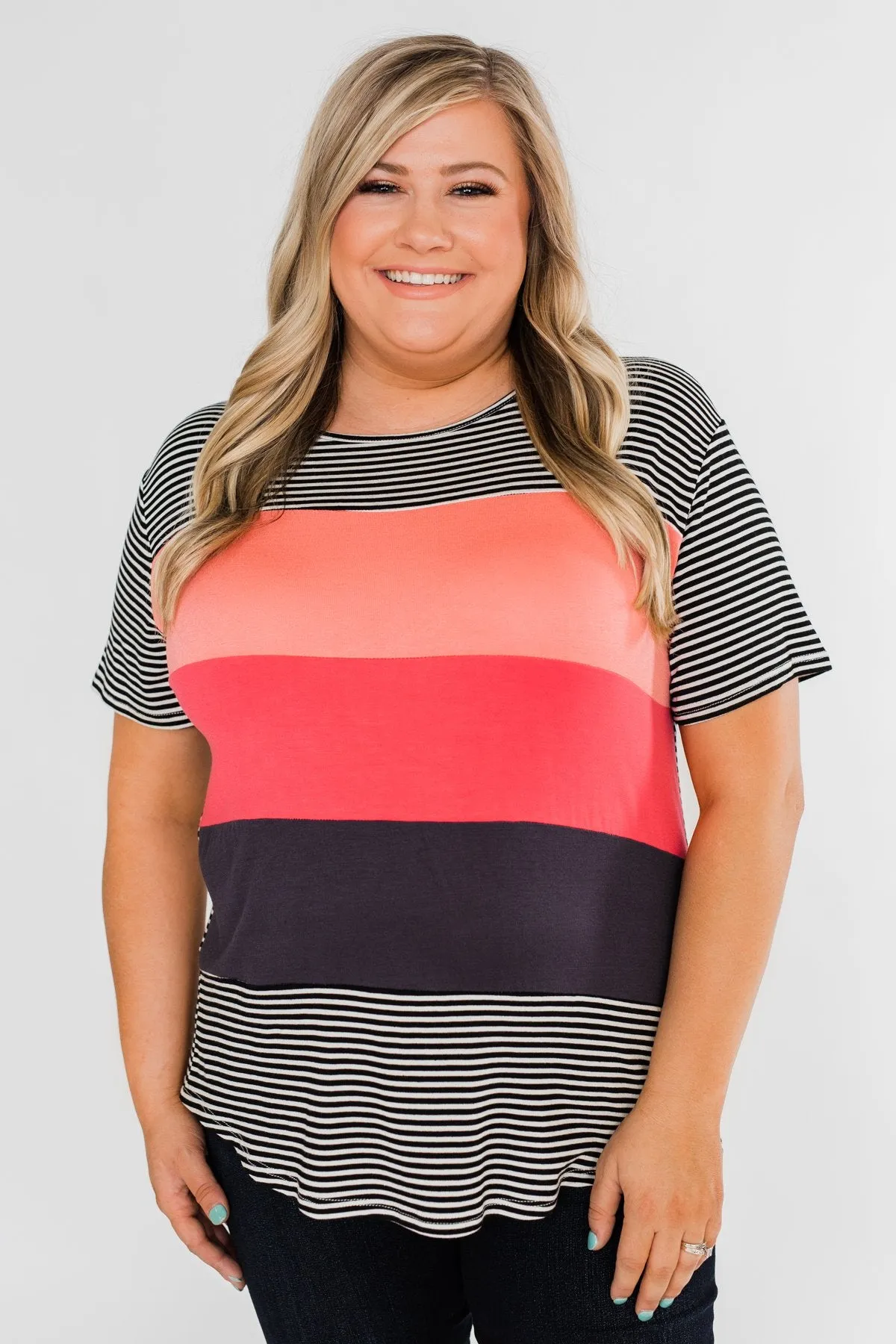 One Day At A Time Striped Color Block Top- Black, Pink, Navy