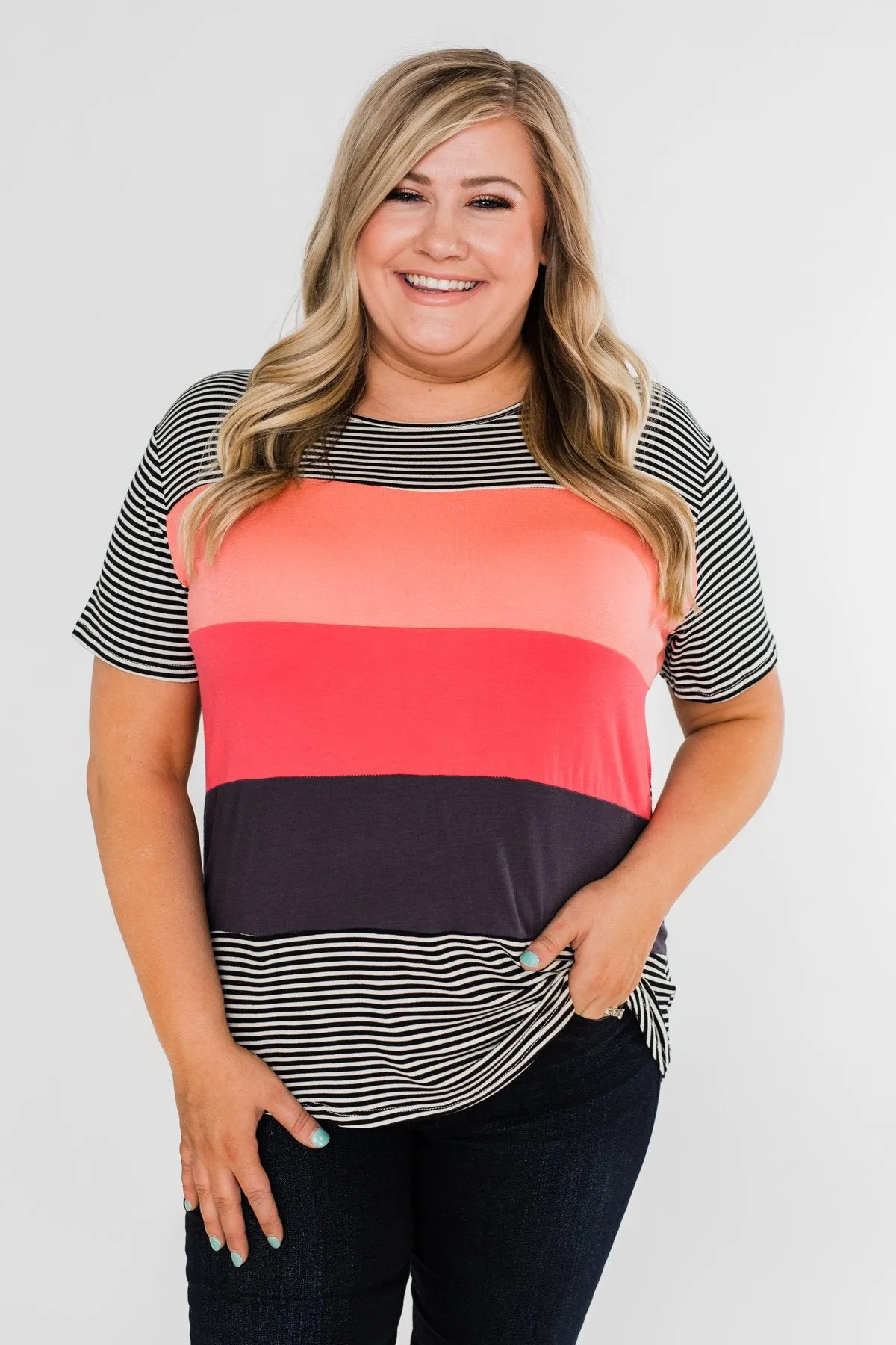 One Day At A Time Striped Color Block Top- Black, Pink, Navy