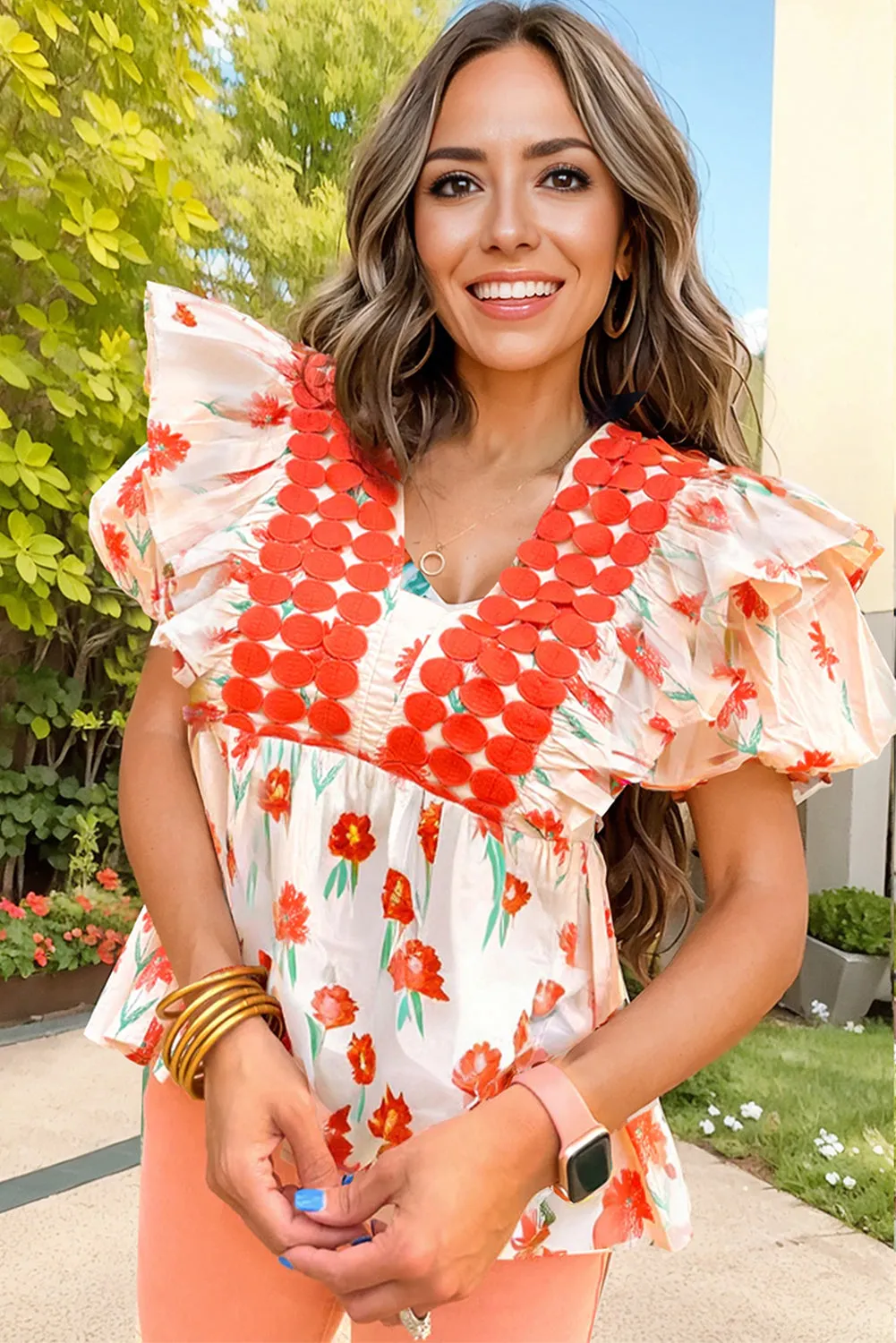 Orange Floral Color Block Ruffled Balloon Sleeve Babydoll Blouse