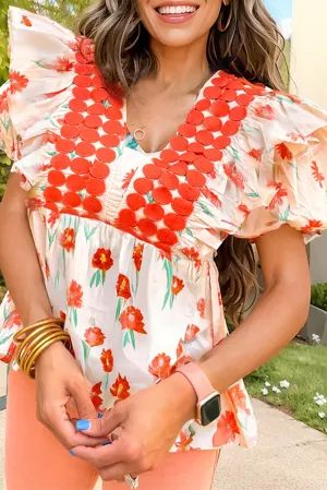 Orange Floral Color Block Ruffled Balloon Sleeve Babydoll Blouse