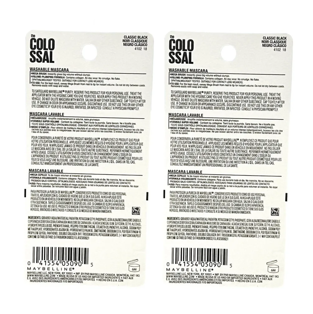 Pack of 2 Maybelline New York the Colossal Washable Mascara, Classic Black 231