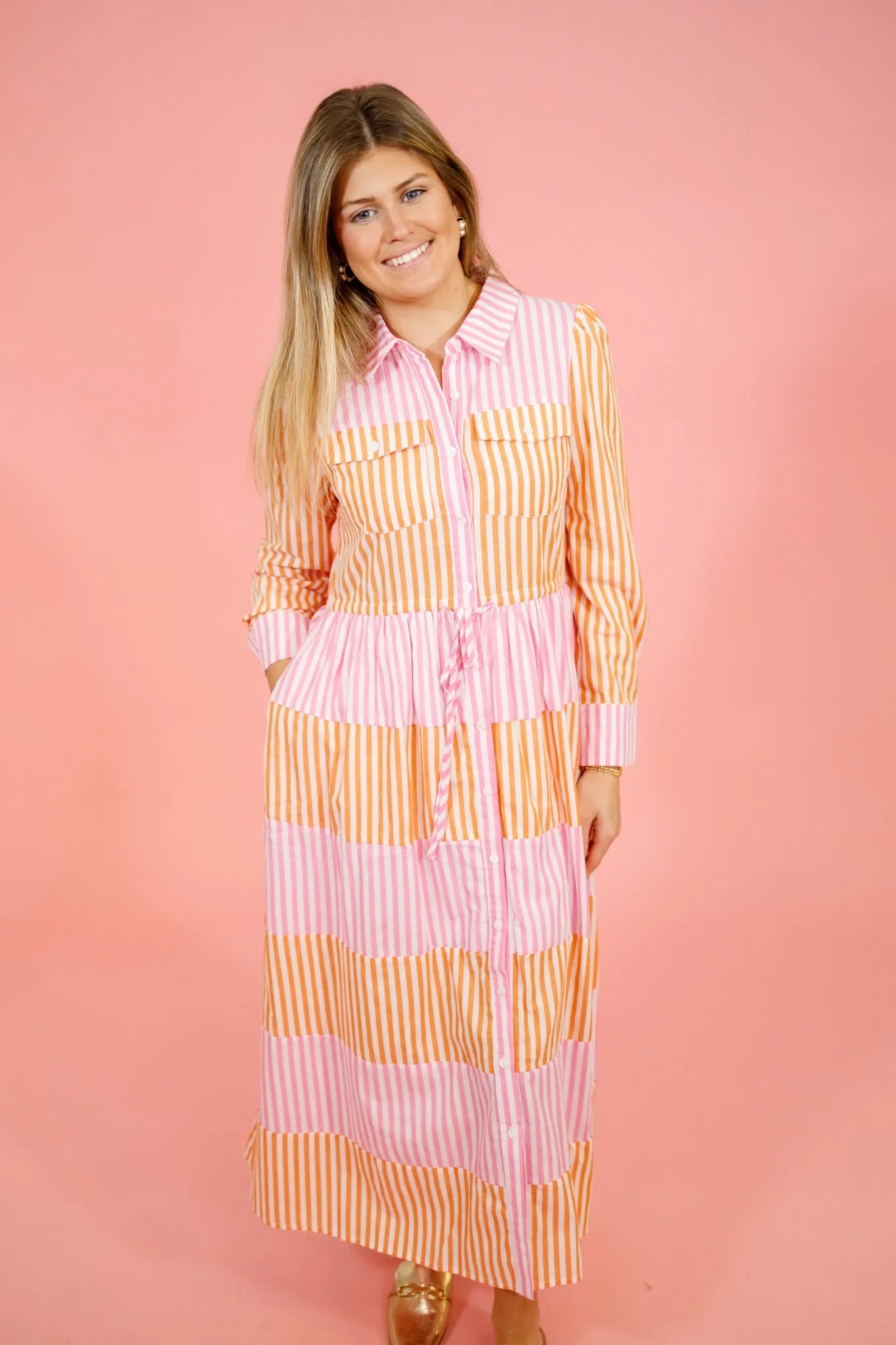 Pink Color Block Stripe Midi Dress