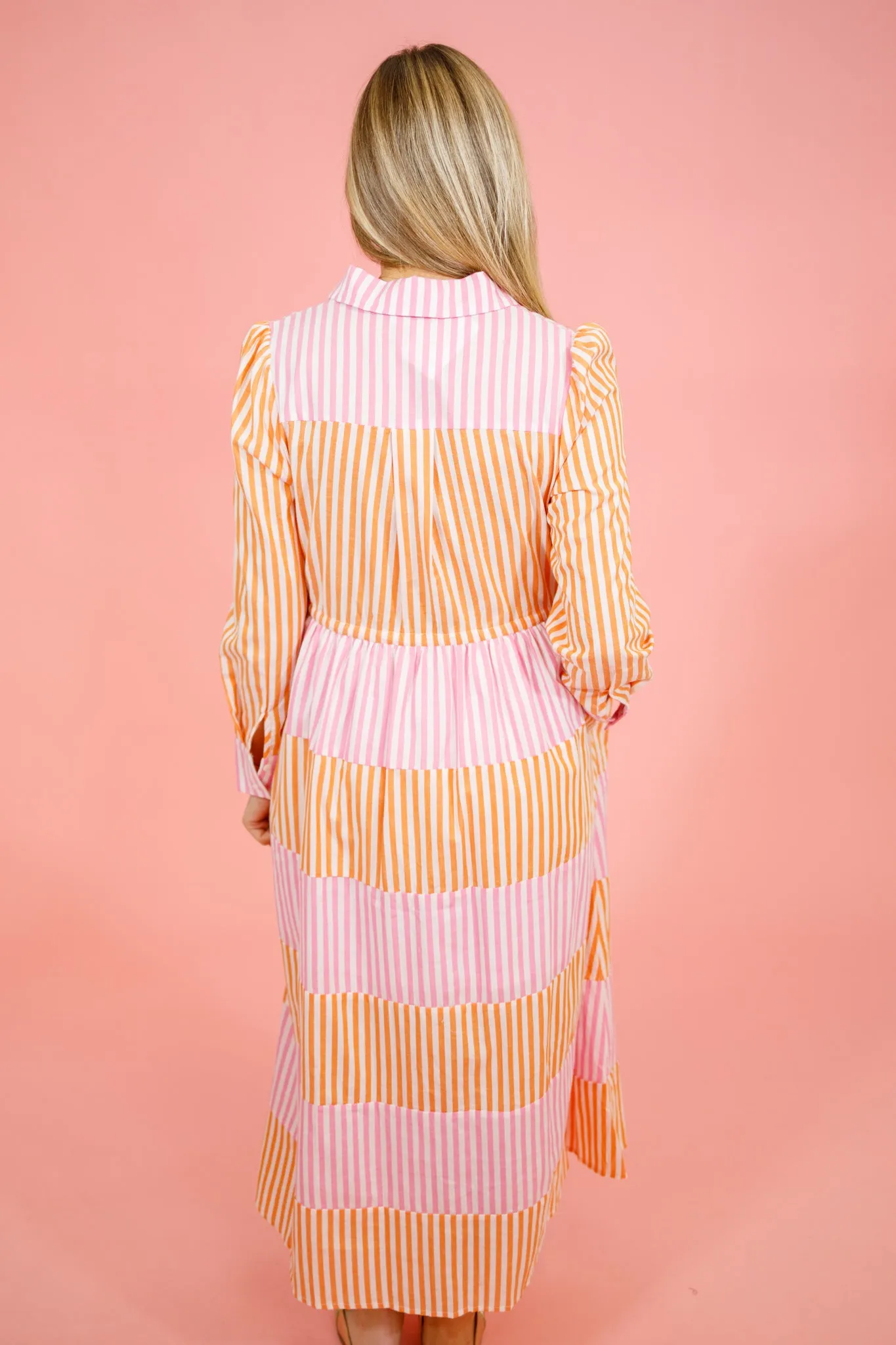 Pink Color Block Stripe Midi Dress