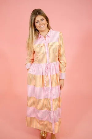 Pink Color Block Stripe Midi Dress