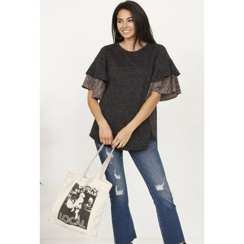 Plus Color Block Sleeve Ruffle Knit Top