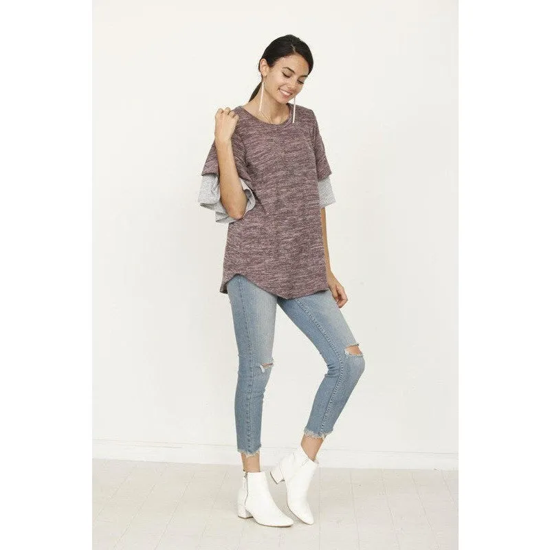 Plus Color Block Sleeve Ruffle Knit Top