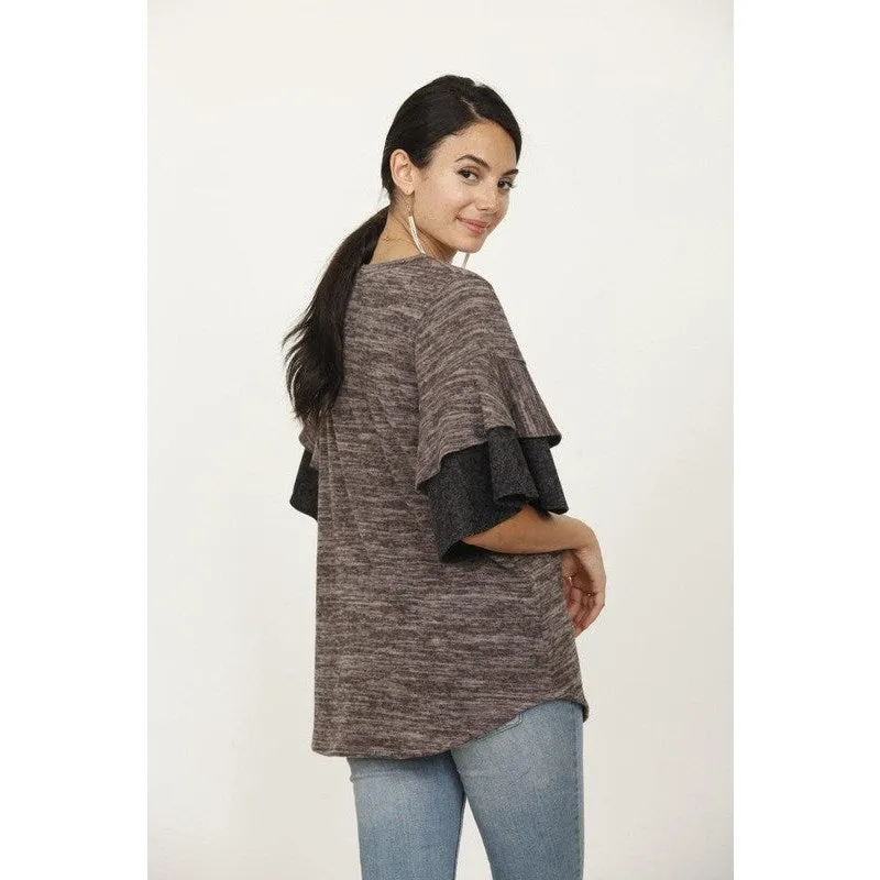 Plus Color Block Sleeve Ruffle Knit Top
