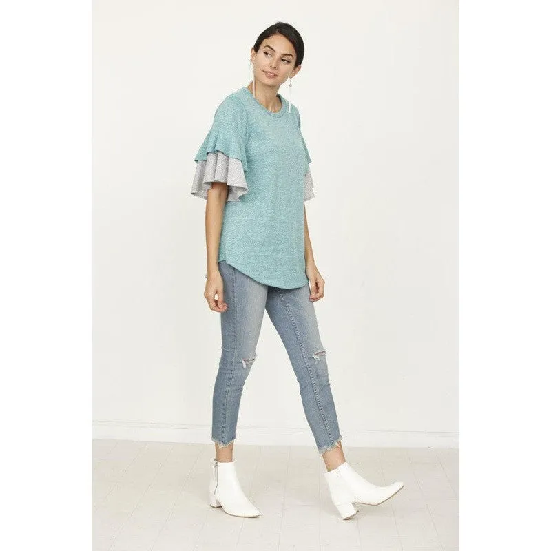 Plus Color Block Sleeve Ruffle Knit Top