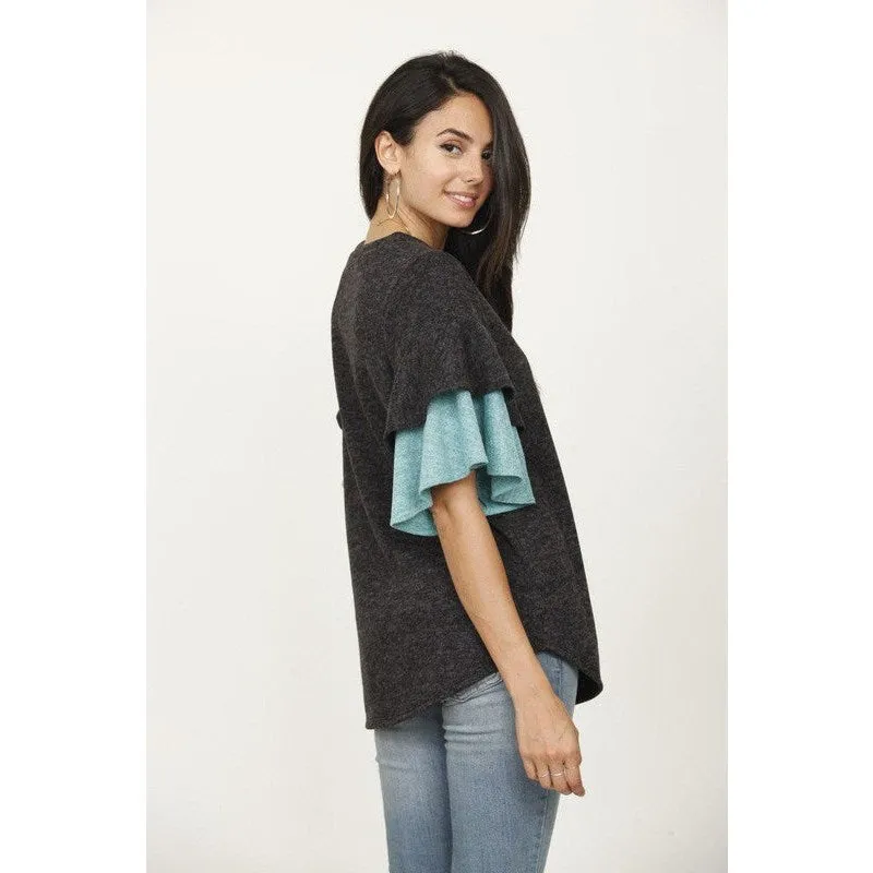 Plus Color Block Sleeve Ruffle Knit Top