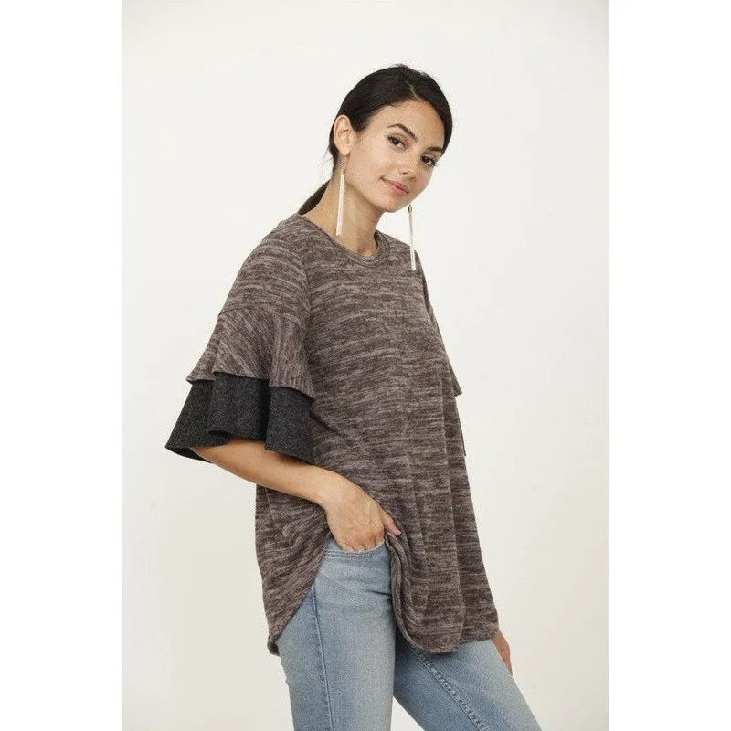 Plus Color Block Sleeve Ruffle Knit Top