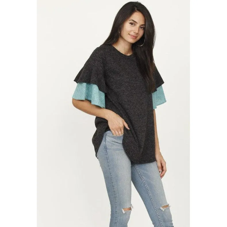 Plus Color Block Sleeve Ruffle Knit Top