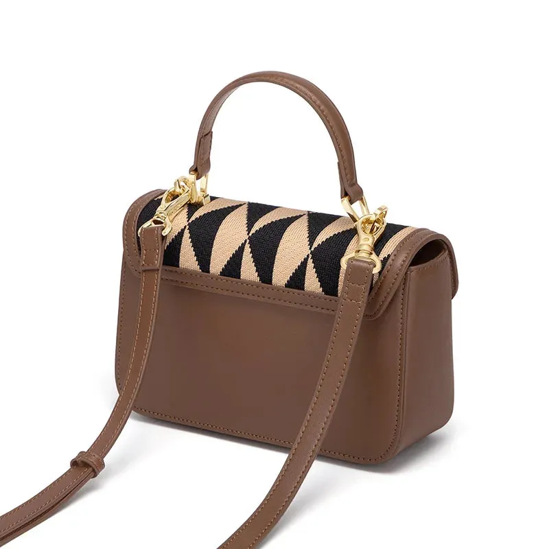 Posh Leather & Woven Pattern Handbag Checkered Satchel - Brown & Black