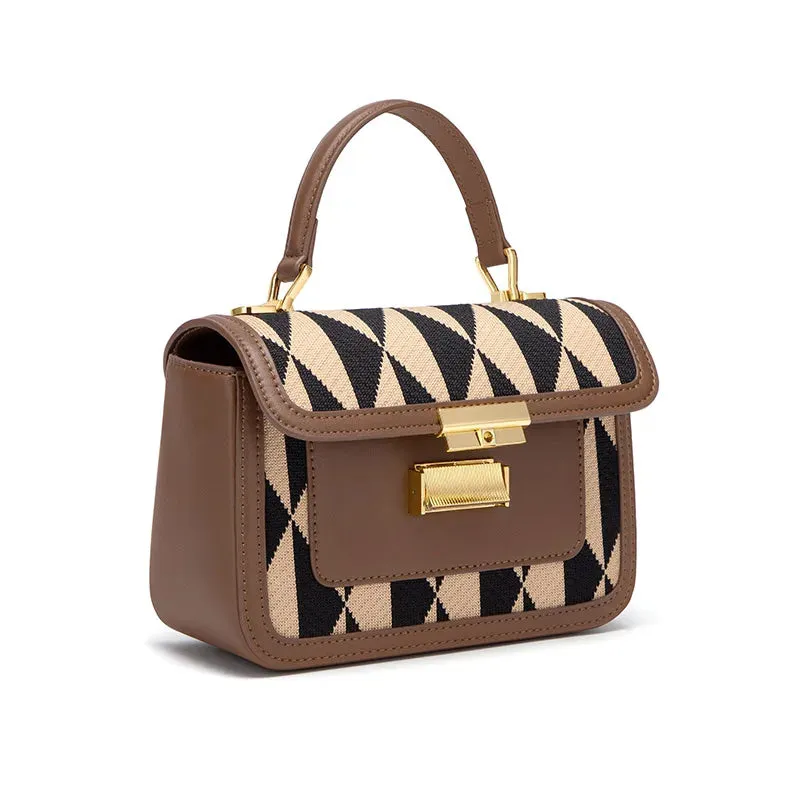 Posh Leather & Woven Pattern Handbag Checkered Satchel - Brown & Black
