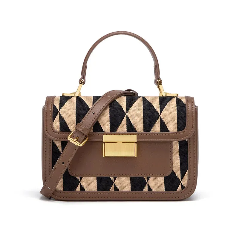 Posh Leather & Woven Pattern Handbag Checkered Satchel - Brown & Black