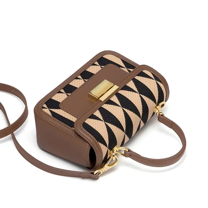Posh Leather & Woven Pattern Handbag Checkered Satchel - Brown & Black