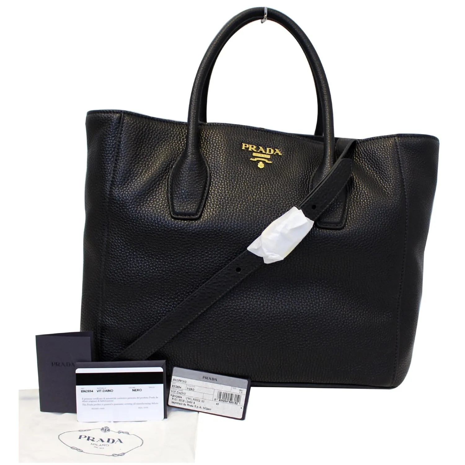 PRADA Vitello Daino Leather Shopping Tote Bag Black