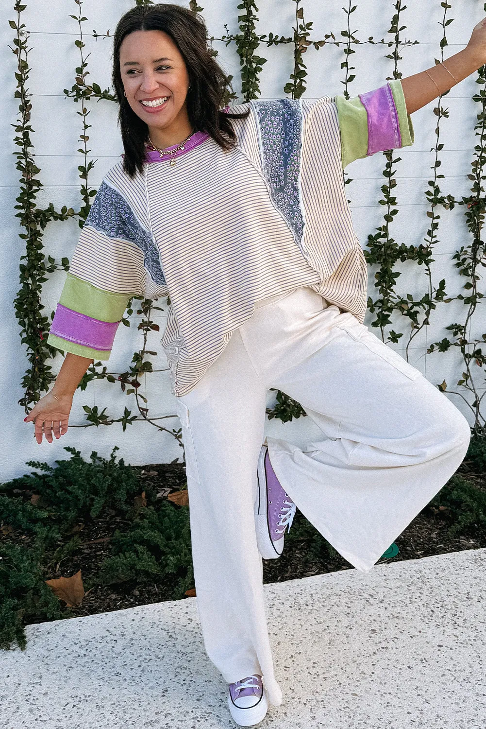 Purple Stripe Floral Color Block Raw Edge Patchwork Bracelet Sleeve Blouse