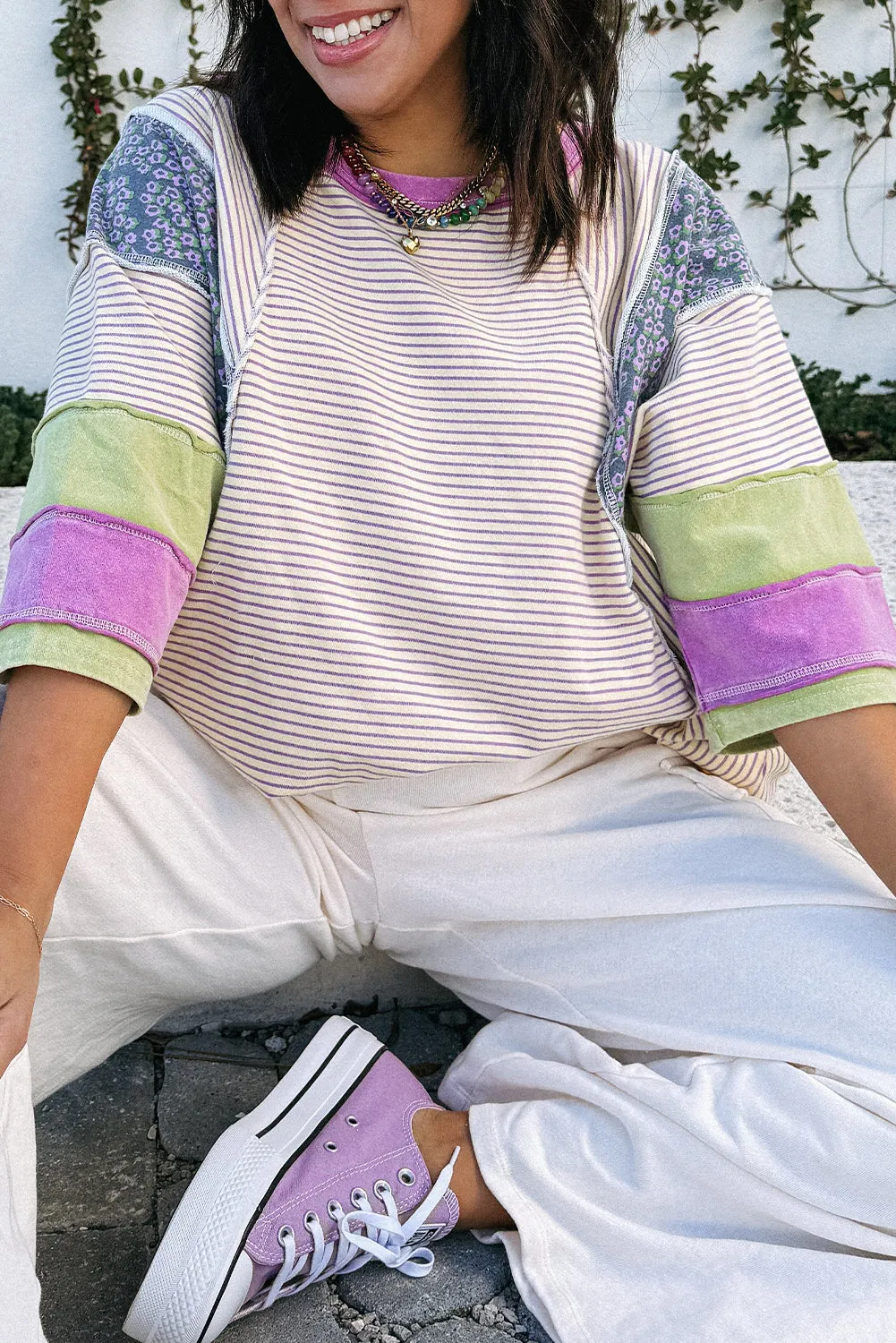 Purple Stripe Floral Color Block Raw Edge Patchwork Bracelet Sleeve Blouse