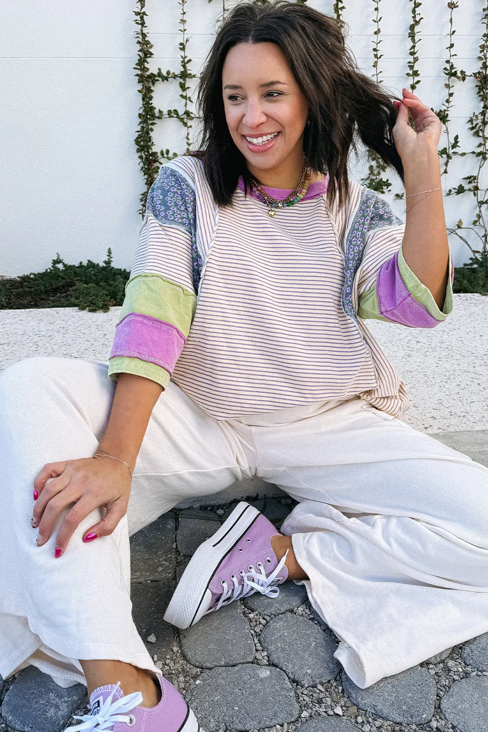 Purple Stripe Floral Color Block Raw Edge Patchwork Bracelet Sleeve Blouse