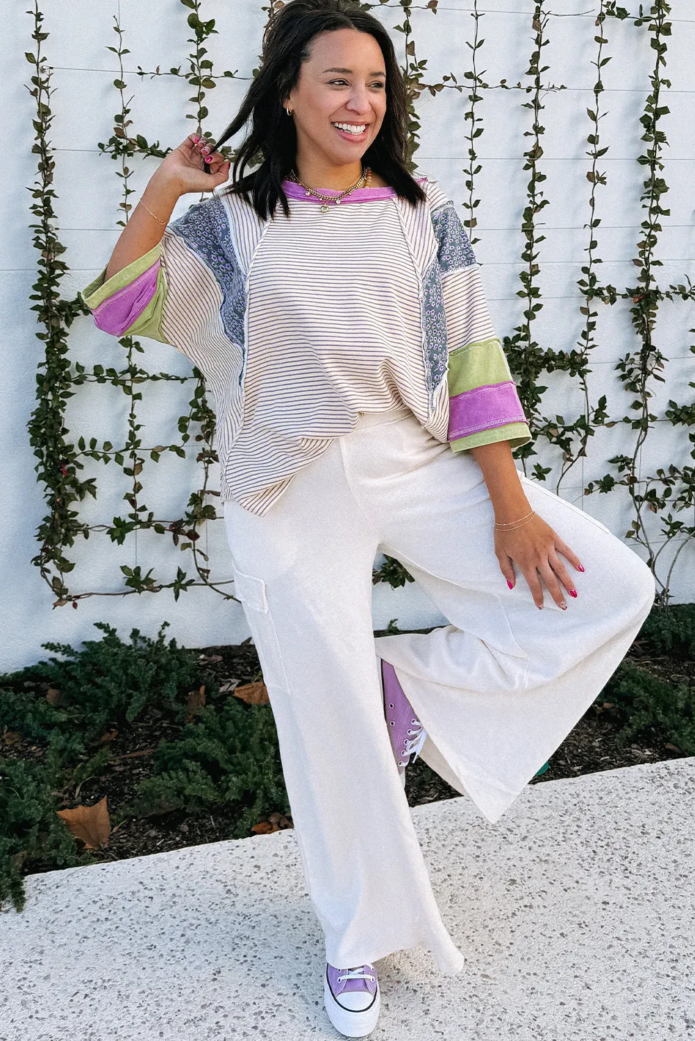 Purple Stripe Floral Color Block Raw Edge Patchwork Bracelet Sleeve Blouse