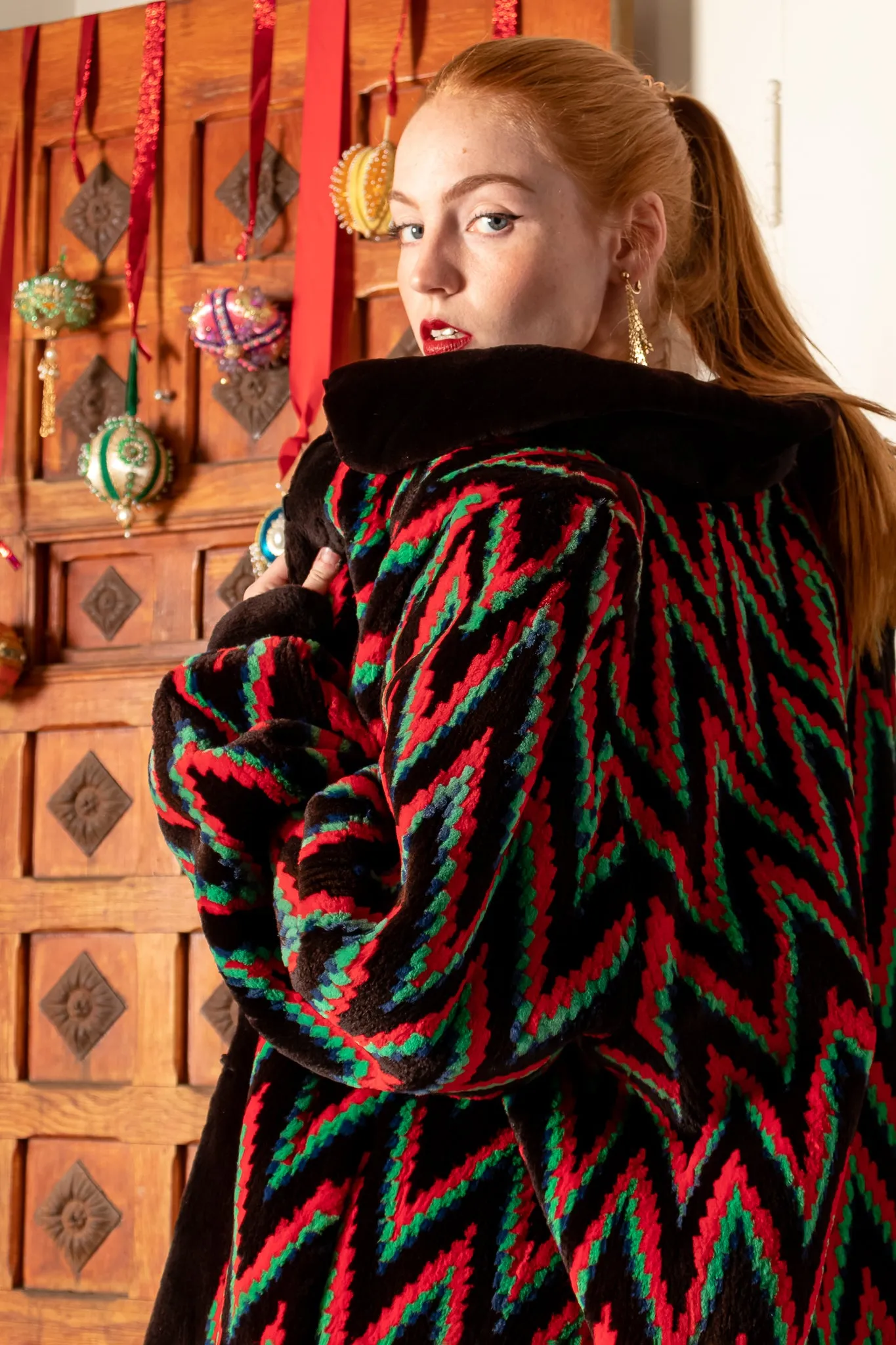 Rainbow Chevron Blanket Stripe Fur Coat