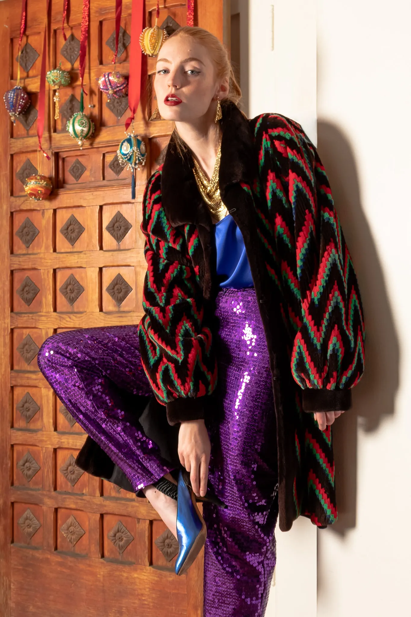 Rainbow Chevron Blanket Stripe Fur Coat