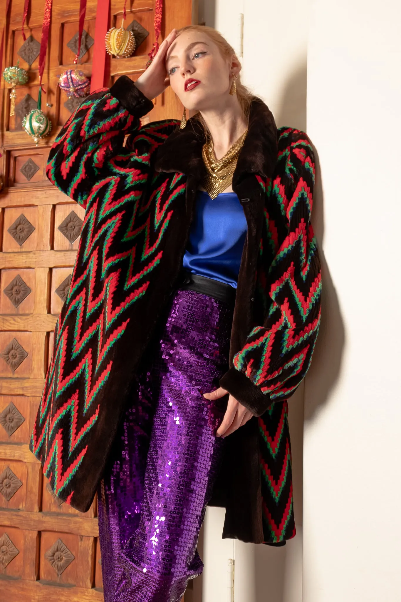 Rainbow Chevron Blanket Stripe Fur Coat