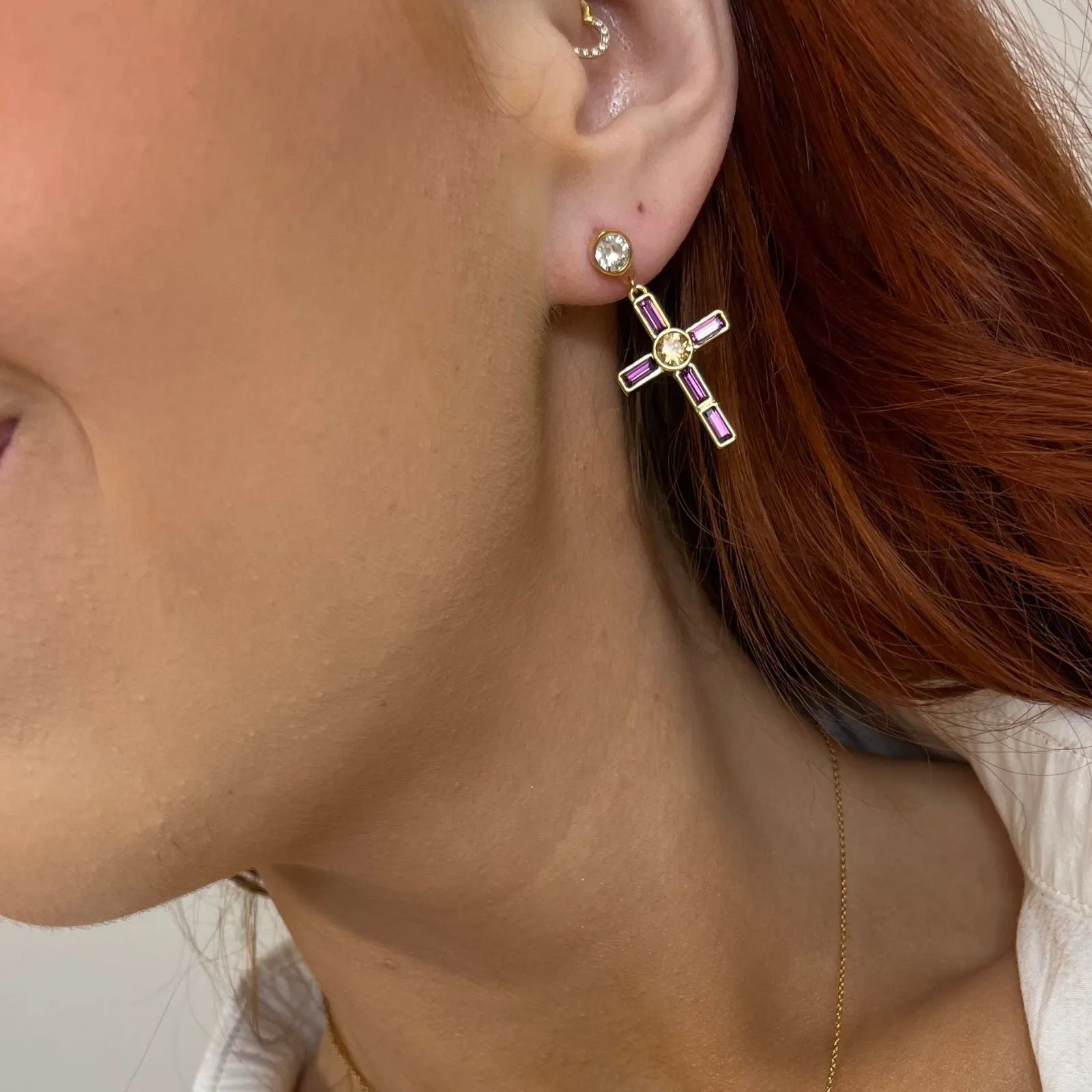 Rebecca Judith Gold Drop Jewelled Cross Earring & Stud - Purple